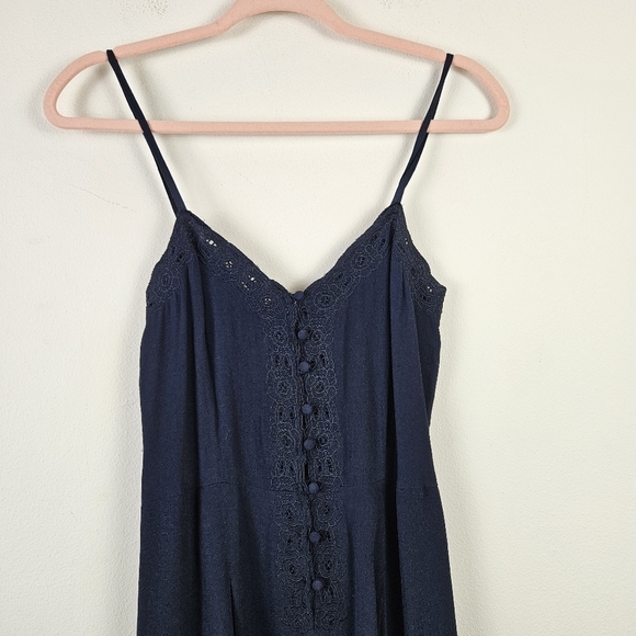Free People Eileen Lace Details Wide Leg Jumpsuit Size 0 Navy Lightweight - Picture 2 of 6